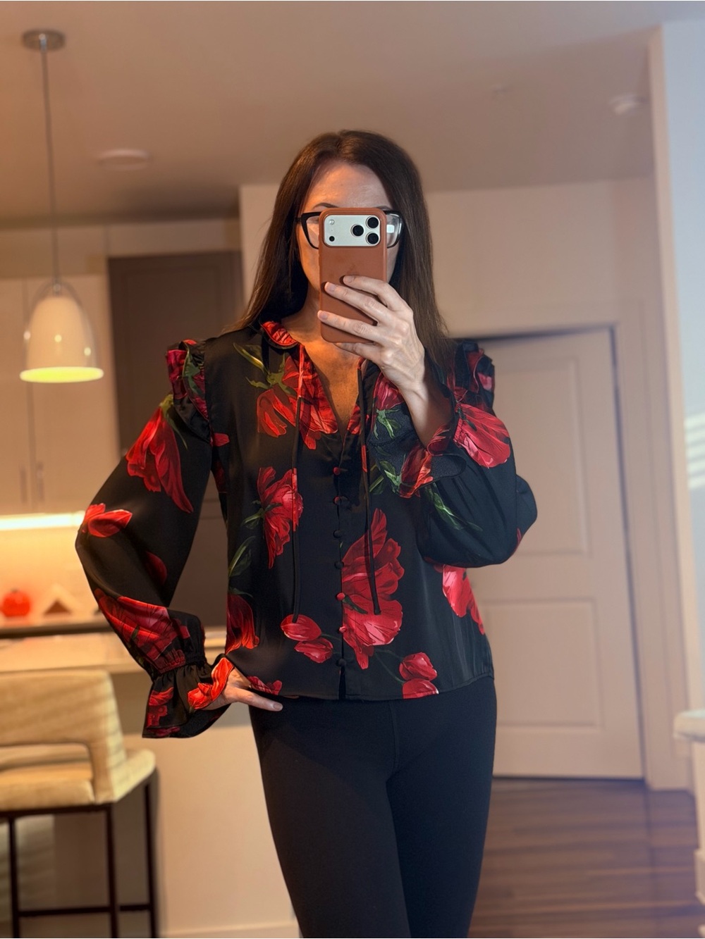 Women's Black Silk Floral Blouse with Red Print